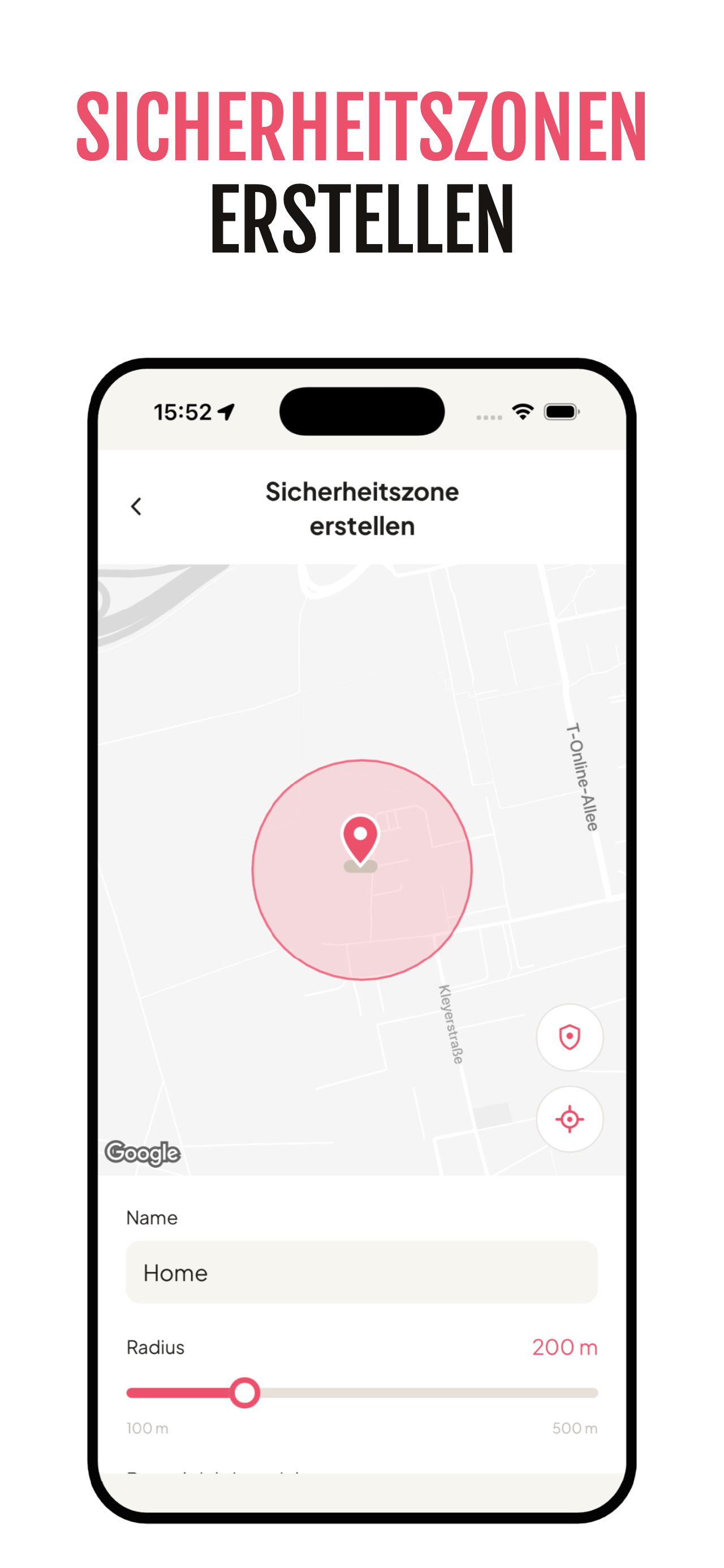 App-Screen „Sicherheitszonen erstellen“ zum Anlegen eines sicheren Reviers mit Radius-Regler